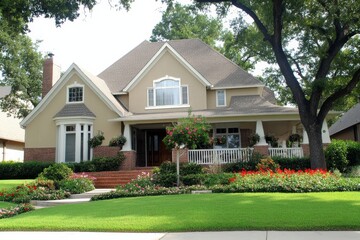 Elegant Middle-Class Home with Beautiful Landscaping and Suburban Gothic Architecture in Balcones Lake, Texas, Featuring White Trim, Beige Walls, Red Brick Accents, and Lush Greenery