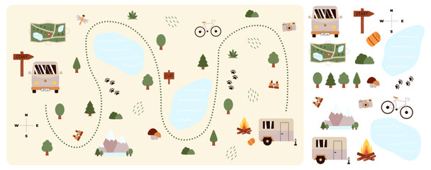 Camping and Hiking map creator and set flat elements for constructing childrens camp. Nature plan with mountains, lakes, car, trees and other objects for summer trip. Vector illustration