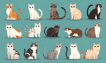 Assortment of Colorful Cartoon Style Feline Companions on Serene Duck Egg Blue Background