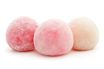 Three Pink and White Mochi Balls on White Background