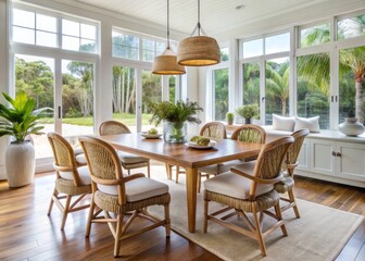 Obraz premium A sun-kissed Florida-style dining room features natural rattan chairs and table with crisp white fabric cushions,