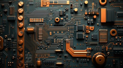 Fototapeta premium An engineering-focused diagram of a copper board, showcasing a 3D exploded view of circuits, component placement, and copper trace routes for robotics applications