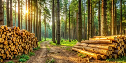 Tranquil forest scene with piles of sawn wood, Winter, Harvest, Forest, Tranquil, Scene, Saw, Wood, Piles, Logs, Snow, Trees