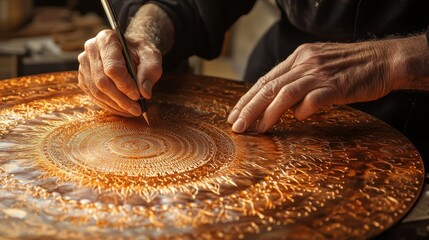 Artisan engraving elaborate mandala patterns into a polished copper surface, the precision of each line highlighted by soft lighting
