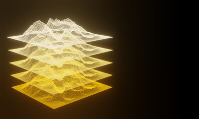 Yellow holographic mountain. Grid topographic data.