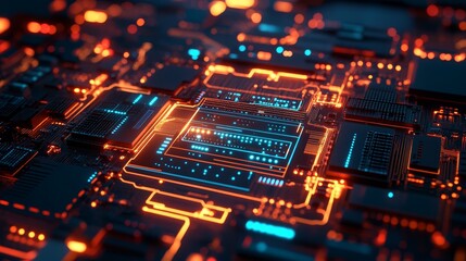 Fototapeta premium Close-up of a copper circuit board with a neon-lit holographic interface, showcasing sleek digital icons and grids, glowing in vivid colors