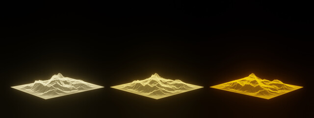 Yellow holographic mountain. Grid topographic data.