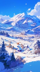 Serene Winter Temple: Aerial View in Anime-Inspired Style. Tranquil Snowy Landscape for Home Decor, NFT Art, and Seasonal Marketing. Perfect for Wallpapers, Apparel Design, and Cultural Appreciation.