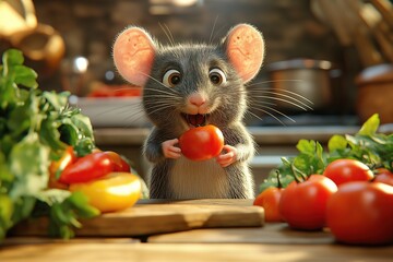 Illustration of a cute cartoon mouse holding a tomato in a kitchen surrounded by fresh vegetables
