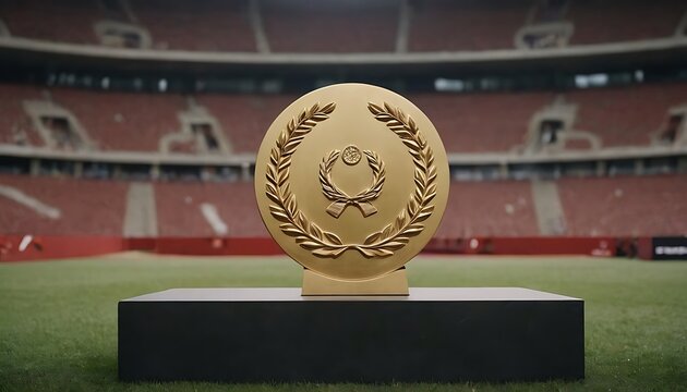 Champion trophy cup with empty stadium lights background, World trophy cup. gold, achievement, award, event, football, stadium, succeed, trophy, sport, celebration, field, atmosphere, Generative AI