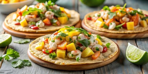 Zesty seafood tostadas topped with fresh mango and cilantro, Mango, Ceviche, Tostadas, Seafood, Zesty, Fresh, Mango