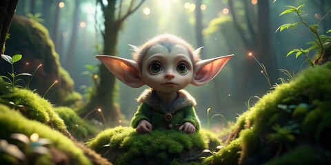 Whimsical portrait of an adorable elfin creature in a mystical forest, elfin, magical, fantasy, woodland, creature, enchanting