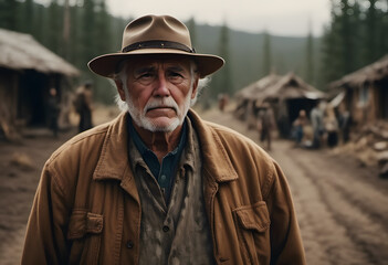 Obraz premium A portrait of an elderly man, with deep-set eyes and a thoughtful expression.