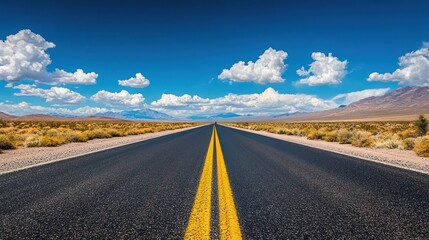 Naklejka premium American road trip , desert highway, sunny day, blue sky, clouds