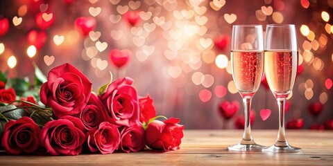 Romantic Valentines Day background with hearts, roses, and champagne, Valentines Day, background, romantic, hearts