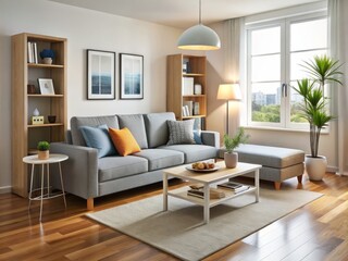 Fototapeta premium Contemporary furniture is designed to optimize space in small living rooms, offering stylish and compact solutions for