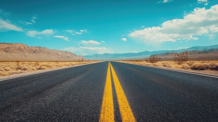 Naklejka premium American road trip , desert highway, sunny day, blue sky, clouds
