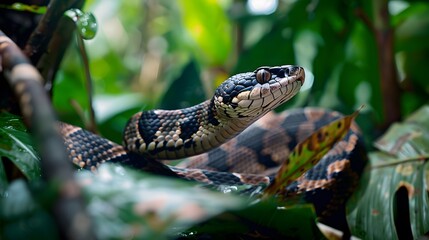 Obraz premium In the humid environment of the rainforest, the snake's scales glisten as it navigates through the lush undergrowth, searching for prey.