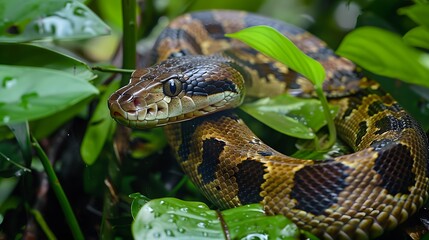 Fototapeta premium In the humid environment of the rainforest, the snake's scales glisten as it navigates through the lush undergrowth, searching for prey.