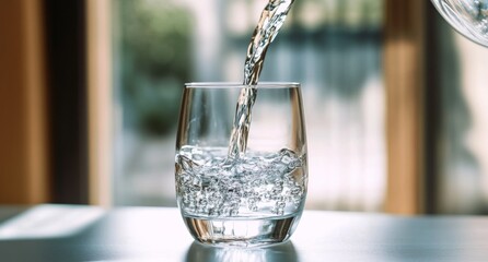 Close-Up of Water Being Poured into a Glass on a White Table with a Softly Blurred Background, Capturing the Essence of Refreshment and Purity