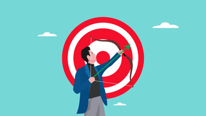 business target, aiming for purpose, ambition or aspiration to success, growth business objective or achievement, leadership or skill to achieve target concept, businessman archery aim to hit target