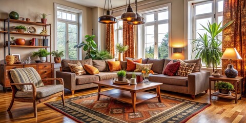 Fototapeta premium Cozy living space features brown furniture, accented with bold textiles and tasteful decorative pieces, for a snug and