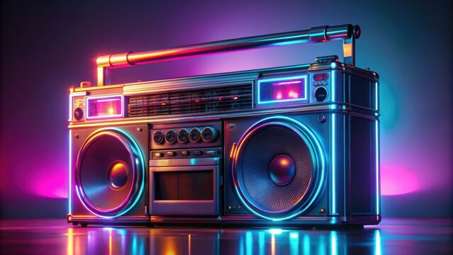 Retro futuristic boom box with neon lights and metallic finish, retro, futuristic, boom box, vintage, music, neon lights