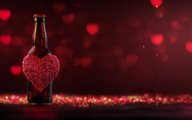 Valentine's Day themed beer bottle with a red heart decoration, surrounded by a bokeh effect of glowing hearts in the background.