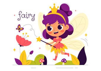 Beautiful Flying Fairy Vector Illustration with Elf, Landscape, Tree, and Green Grass in a Flat Style Kids Cartoon Background