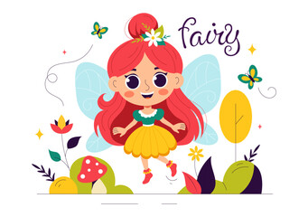 Beautiful Flying Fairy Vector Illustration with Elf, Landscape, Tree, and Green Grass in a Flat Style Kids Cartoon Background