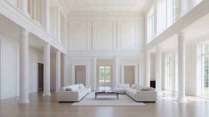 Fototapeta premium Luxury white living room, beautiful creative design, high ceilings , cosy, ultra high quality of image, 3d, photorealistic