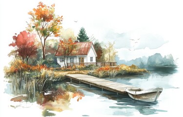 Obraz premium Charming Cottagecore Scene Clipart by the Lakehouse Featuring Watercolor Illustrations of a Boat Dock and Rustic House