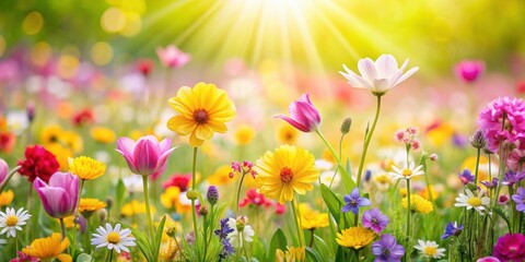Fototapeta premium Vibrant spring meadow with colorful flowers in joyful yellows and pinks, joyful, yellows, pinks, lively, spring, meadow