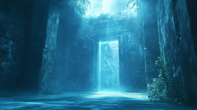 Surreal Digital Archive with Nature Scenes in Stone Corridor