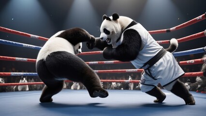Panda in a boxing ring close-up fight with fighting pose