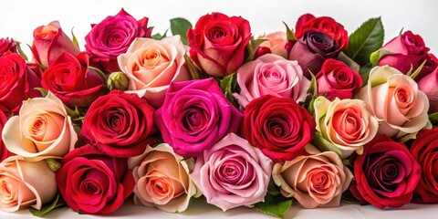 Obraz premium Vibrant arrangement of red and pink roses on a white background, roses, flowers, red, pink, vibrant, arrangement, bouquet, floral