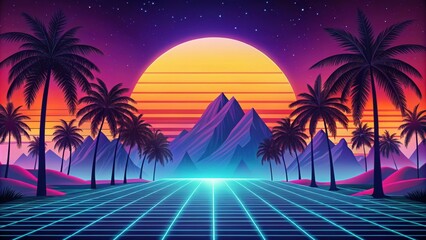Fototapeta premium Retro 1980s-style landscape with palm trees, sun, mountains, and futuristic elements, retro, 1980s, background, palm trees
