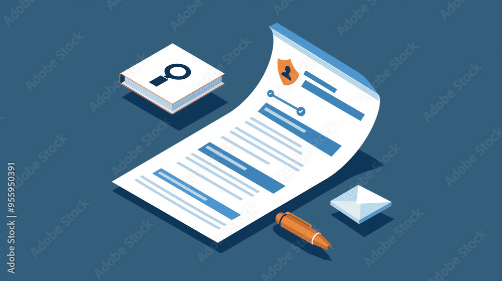 Wall mural Isometric Illustration of a Document, Pen, and a Magnifying Glass Icon