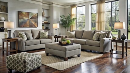 Obraz premium Elegant living room set features a textured sofa, accent chairs with unique designs, and a matching ottoman, blending
