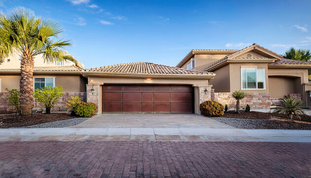 Modern home in Las Vegas, brick driveway with landscaping and palm trees, garage door is whi