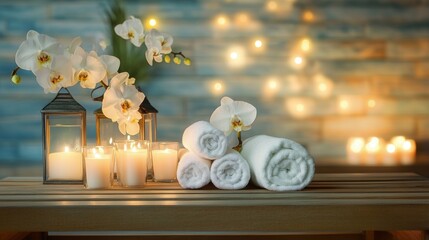 Serene Spa Still Life:  Relaxing spa scene with white towels, orchids, and candles, creating a tranquil atmosphere. 