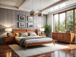 Fototapeta premium Elegant Mid-century modern bedroom suite features sleek wooden furniture with geometric forms, accented with brass
