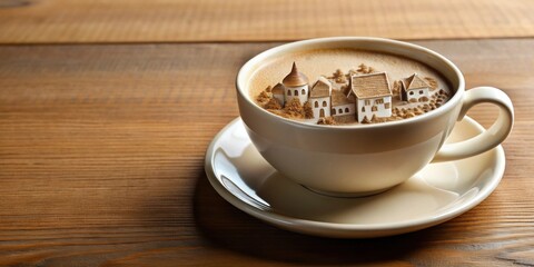 Isometric coffee cup with intricate village design carved into the surface, coffee, cup, isometric, village, design, carved