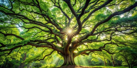 Fototapeta premium Sunlight filters through dense forest canopy onto a magnificent oak tree with twisting branches and lush green leaves, forest, tree