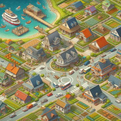 Overhead views of different modes of village illustration, background, banner, card, poster, template, elegant