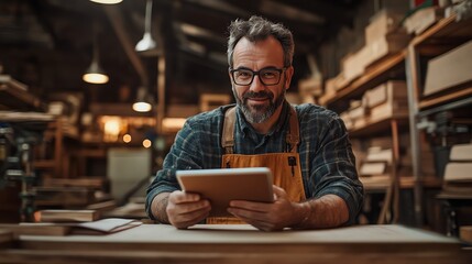 A skilled craftsman in a workshop smiles while using a tablet. He showcases creativity and passion for woodworking and craftsmanship.