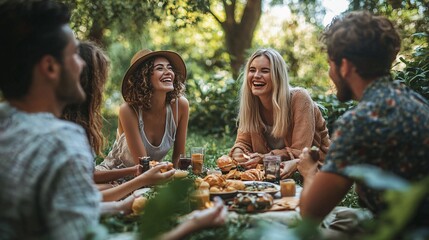Fototapeta premium A cheerful gathering of friends in comically large hats enjoys a vibrant picnic filled with tasty treats and playful decor.