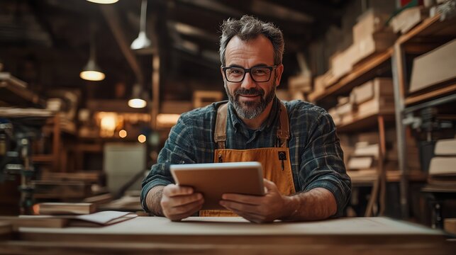A skilled craftsman in a workshop smiles while using a tablet. He showcases creativity and passion for woodworking and craftsmanship.