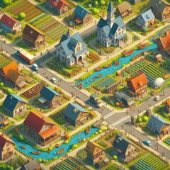Obraz premium Overhead views of different modes of village illustration, background, banner, card, poster, template, elegant