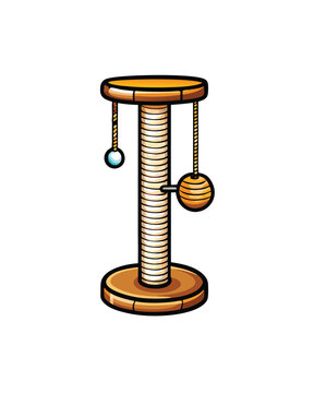recommend clip art: Editable stroke vector of a scratching post for cats with a round base, a tall central post covered in sisal rope, and two dangling toys, one with a ball and one with a bell.